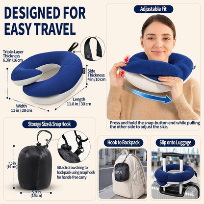 Travel Neck Pillows for Airplanes, Memory Foam 360° Head Support Sleep for Long Flight, Skin-Friendly & Breathable, Kit with Eye Mask, Earplugs and Storage Bag (Adult, Grey, 90+ lbs)