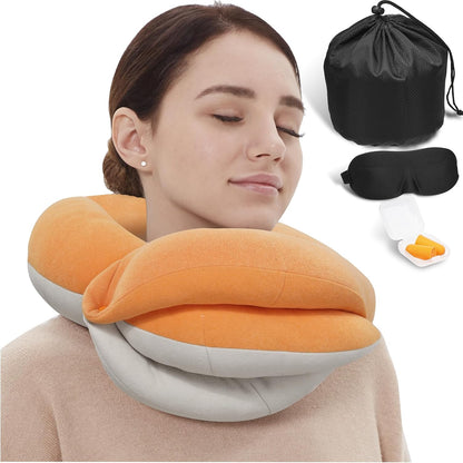 Travel Neck Pillows for Airplanes, Memory Foam 360° Head Support Sleep for Long Flight, Skin-Friendly & Breathable, Kit with Eye Mask, Earplugs and Storage Bag (Adult, Grey, 90+ lbs)