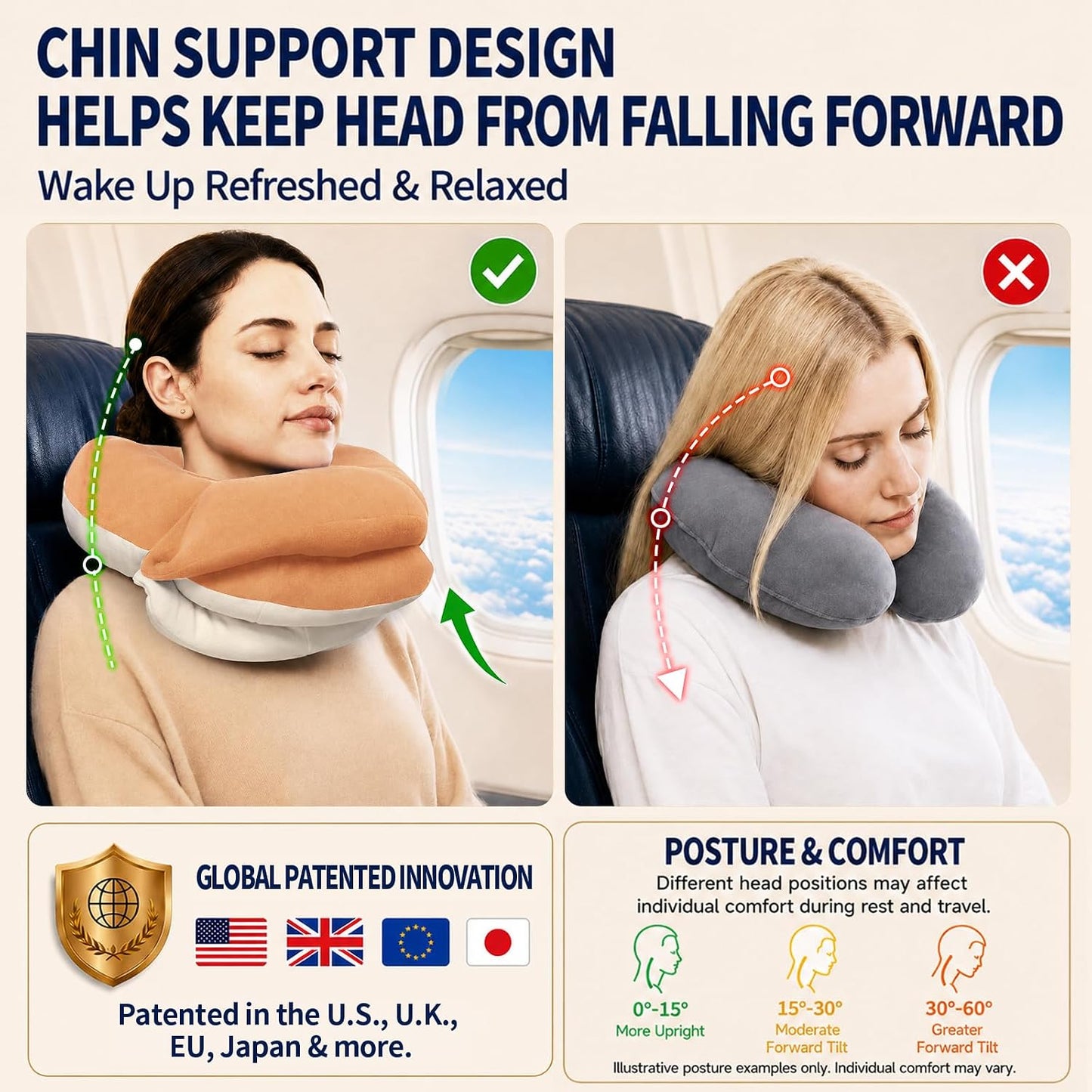 Travel Neck Pillows for Airplanes, Memory Foam 360° Head Support Sleep for Long Flight, Skin-Friendly & Breathable, Kit with Eye Mask, Earplugs and Storage Bag (Adult, Grey, 90+ lbs)