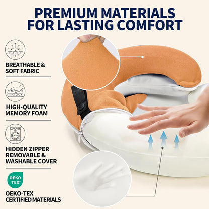 Travel Neck Pillows for Airplanes, Memory Foam 360° Head Support Sleep for Long Flight, Skin-Friendly & Breathable, Kit with Eye Mask, Earplugs and Storage Bag (Adult, Grey, 90+ lbs)