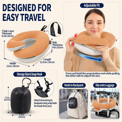Travel Neck Pillows for Airplanes, Memory Foam 360° Head Support Sleep for Long Flight, Skin-Friendly & Breathable, Kit with Eye Mask, Earplugs and Storage Bag (Adult, Grey, 90+ lbs)