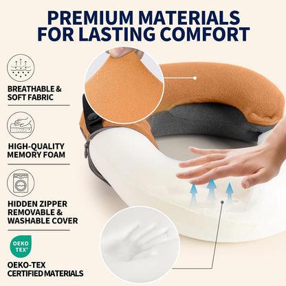 Travel Neck Pillows for Airplanes, Memory Foam 360° Head Support Sleep for Long Flight, Skin-Friendly & Breathable, Kit with Eye Mask, Earplugs and Storage Bag (Adult, Grey, 90+ lbs)