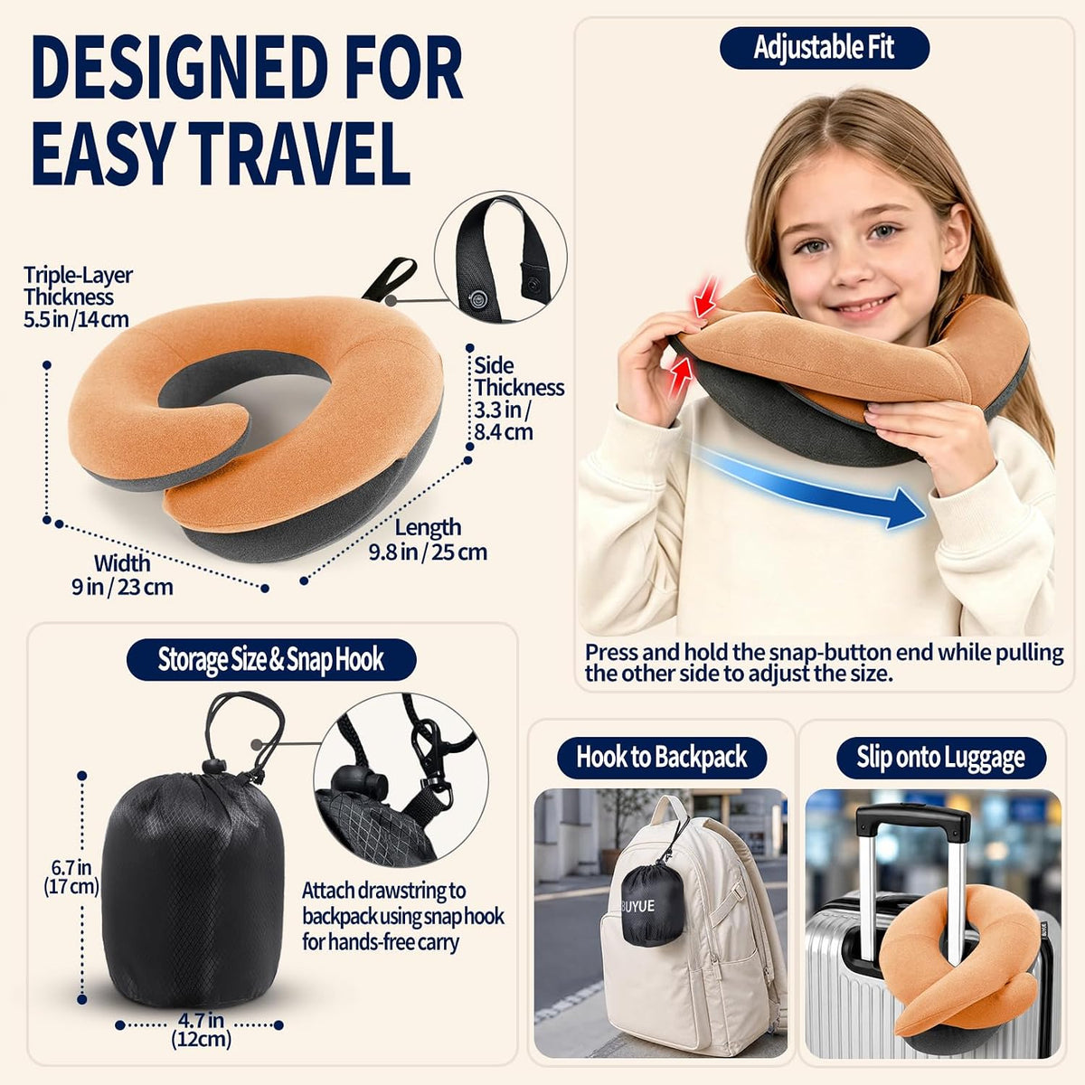 Travel Neck Pillows for Airplanes, Memory Foam 360° Head Support Sleep for Long Flight, Skin-Friendly & Breathable, Kit with Eye Mask, Earplugs and Storage Bag (Adult, Grey, 90+ lbs)