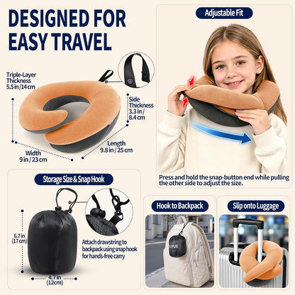 Travel Neck Pillows for Airplanes, Memory Foam 360° Head Support Sleep for Long Flight, Skin-Friendly & Breathable, Kit with Eye Mask, Earplugs and Storage Bag (Adult, Grey, 90+ lbs)