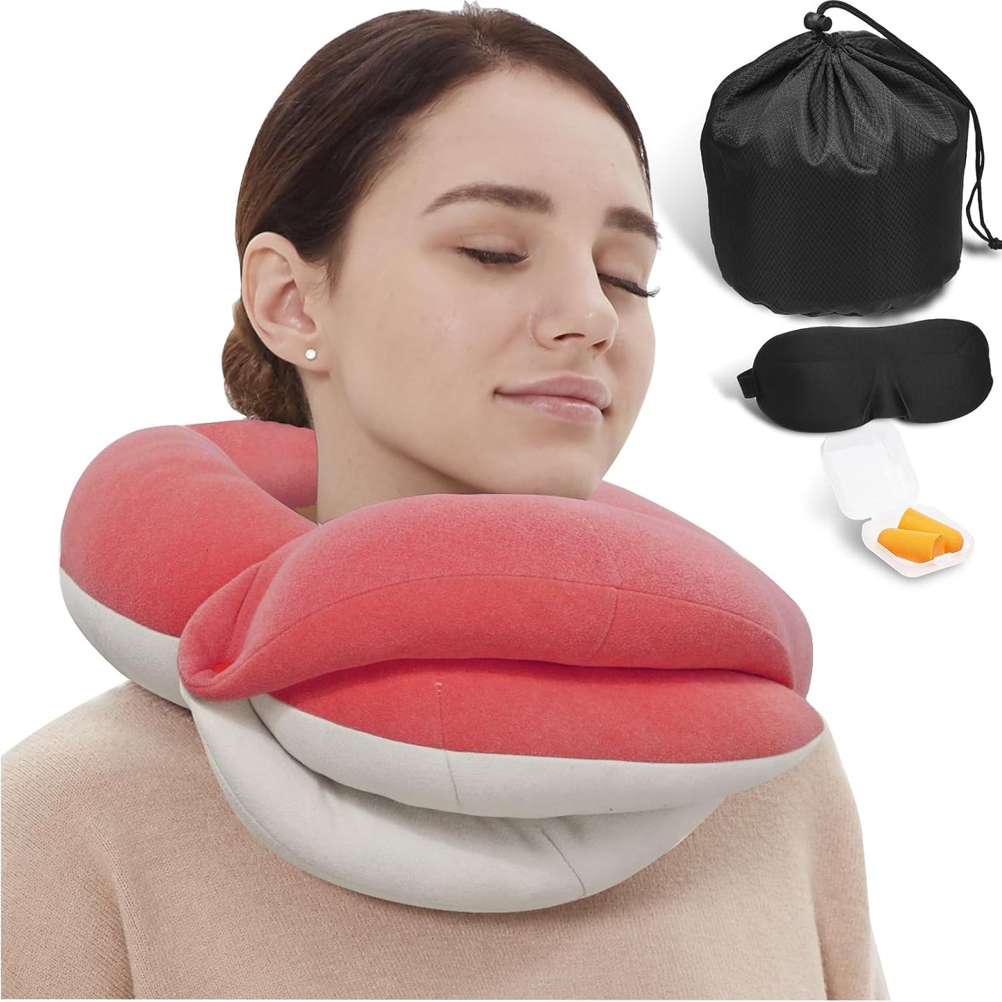 Travel Neck Pillows for Airplanes, Memory Foam 360° Head Support Sleep for Long Flight, Skin-Friendly & Breathable, Kit with Eye Mask, Earplugs and Storage Bag (Adult, Grey, 90+ lbs)