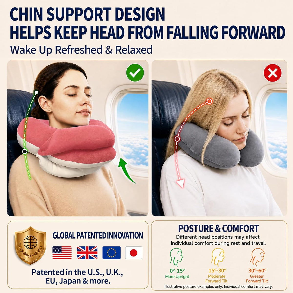 Travel Neck Pillows for Airplanes, Memory Foam 360° Head Support Sleep for Long Flight, Skin-Friendly & Breathable, Kit with Eye Mask, Earplugs and Storage Bag (Adult, Grey, 90+ lbs)