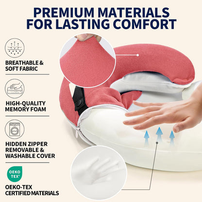Travel Neck Pillows for Airplanes, Memory Foam 360° Head Support Sleep for Long Flight, Skin-Friendly & Breathable, Kit with Eye Mask, Earplugs and Storage Bag (Adult, Grey, 90+ lbs)