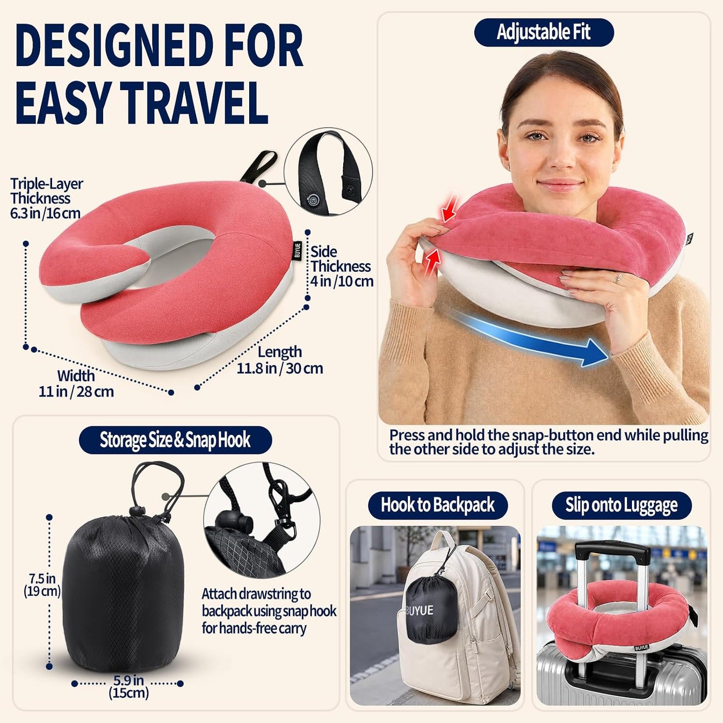 Travel Neck Pillows for Airplanes, Memory Foam 360° Head Support Sleep for Long Flight, Skin-Friendly & Breathable, Kit with Eye Mask, Earplugs and Storage Bag (Adult, Grey, 90+ lbs)