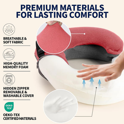 Travel Neck Pillows for Airplanes, Memory Foam 360° Head Support Sleep for Long Flight, Skin-Friendly & Breathable, Kit with Eye Mask, Earplugs and Storage Bag (Adult, Grey, 90+ lbs)