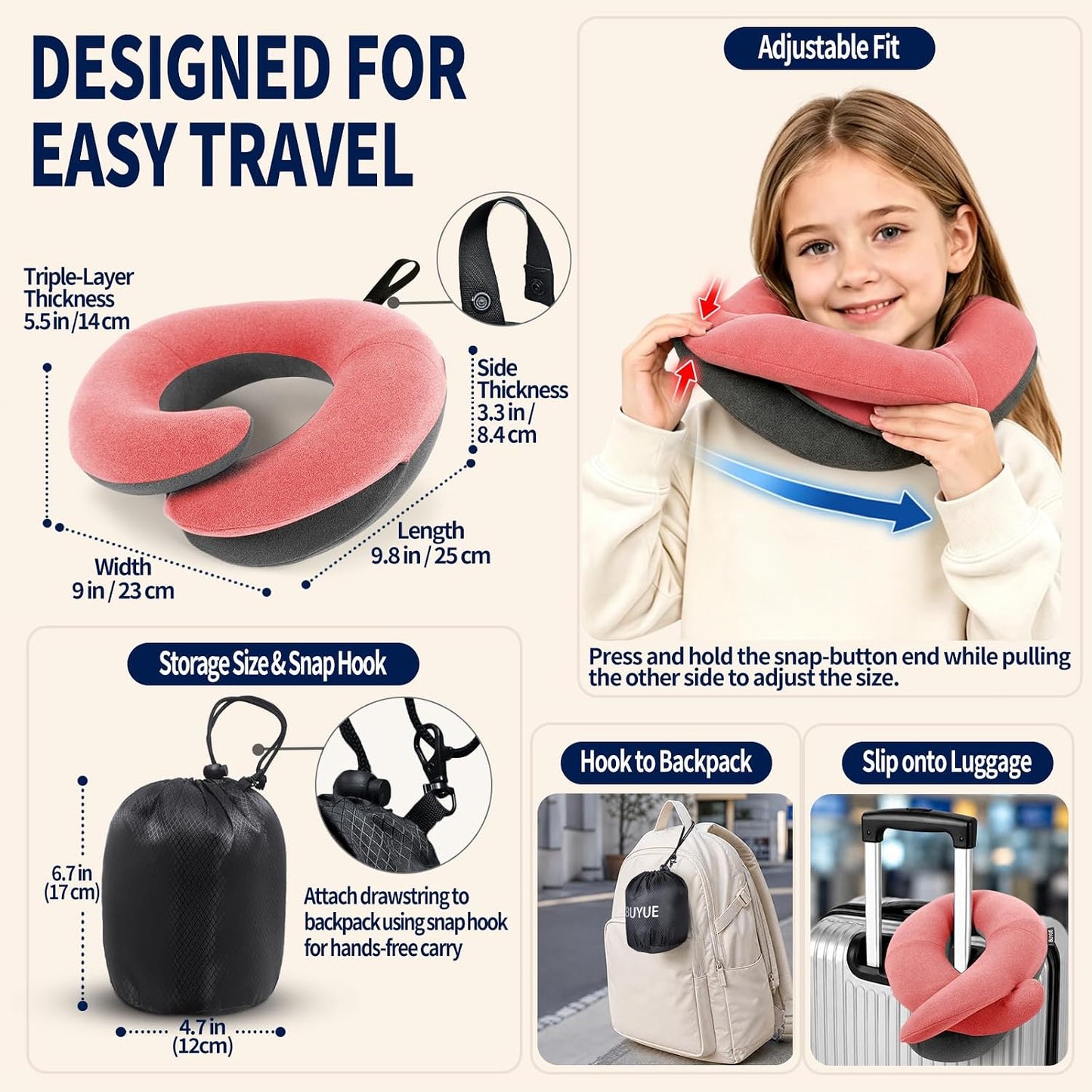 Travel Neck Pillows for Airplanes, Memory Foam 360° Head Support Sleep for Long Flight, Skin-Friendly & Breathable, Kit with Eye Mask, Earplugs and Storage Bag (Adult, Grey, 90+ lbs)
