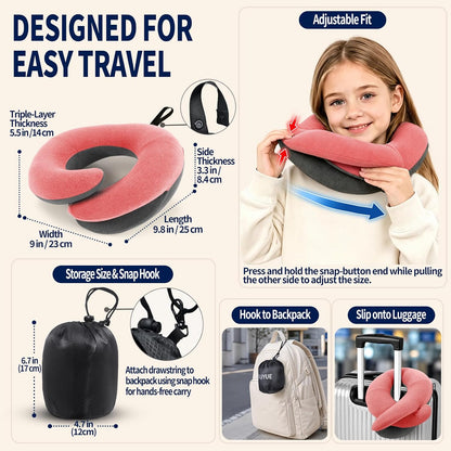 Travel Neck Pillows for Airplanes, Memory Foam 360° Head Support Sleep for Long Flight, Skin-Friendly & Breathable, Kit with Eye Mask, Earplugs and Storage Bag (Adult, Grey, 90+ lbs)