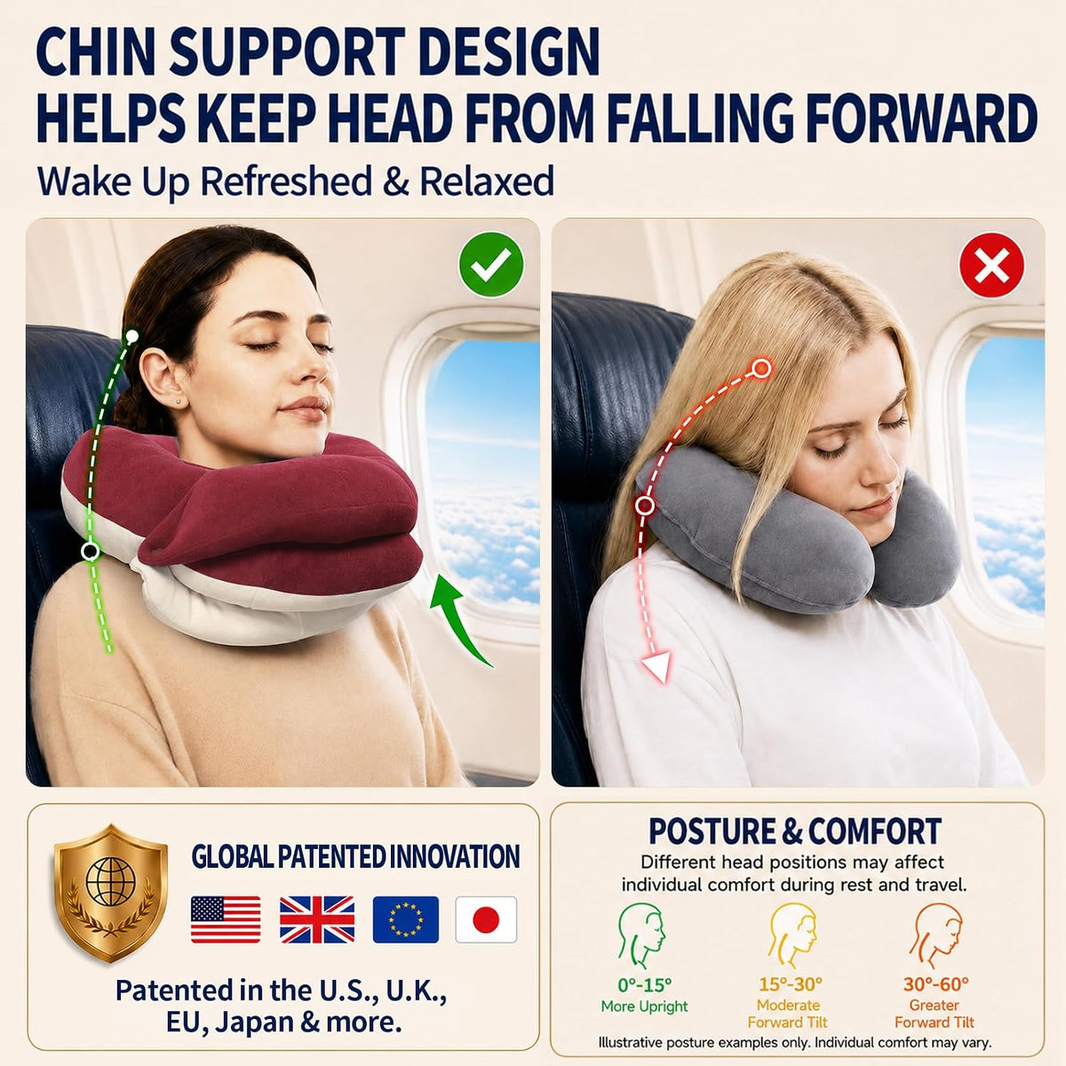 Travel Neck Pillows for Airplanes, Memory Foam 360° Head Support Sleep for Long Flight, Skin-Friendly & Breathable, Kit with Eye Mask, Earplugs and Storage Bag (Adult, Grey, 90+ lbs)