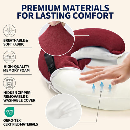 Travel Neck Pillows for Airplanes, Memory Foam 360° Head Support Sleep for Long Flight, Skin-Friendly & Breathable, Kit with Eye Mask, Earplugs and Storage Bag (Adult, Grey, 90+ lbs)