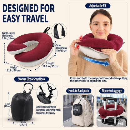 Travel Neck Pillows for Airplanes, Memory Foam 360° Head Support Sleep for Long Flight, Skin-Friendly & Breathable, Kit with Eye Mask, Earplugs and Storage Bag (Adult, Grey, 90+ lbs)