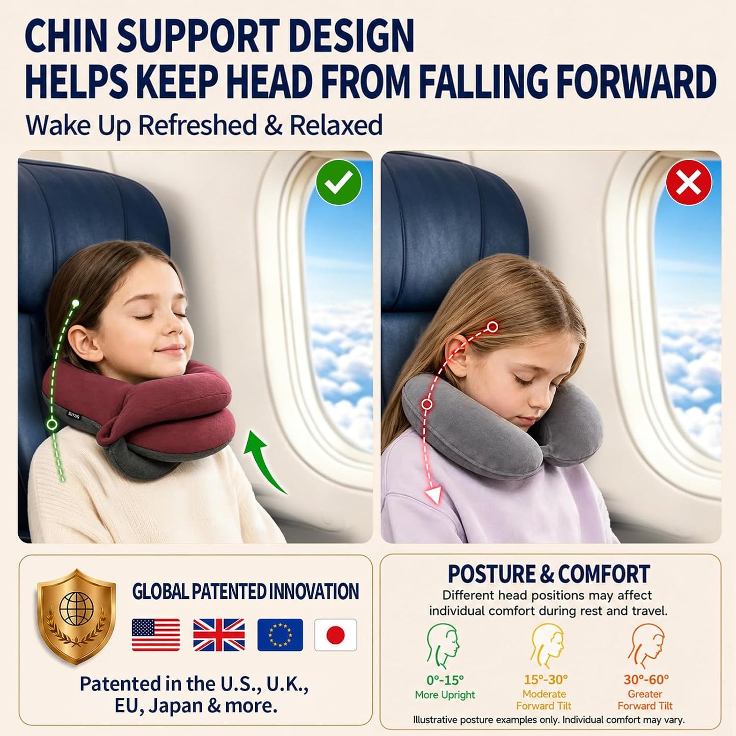 Travel Neck Pillows for Airplanes, Memory Foam 360° Head Support Sleep for Long Flight, Skin-Friendly & Breathable, Kit with Eye Mask, Earplugs and Storage Bag (Adult, Grey, 90+ lbs)
