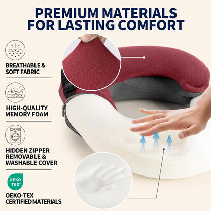 Travel Neck Pillows for Airplanes, Memory Foam 360° Head Support Sleep for Long Flight, Skin-Friendly & Breathable, Kit with Eye Mask, Earplugs and Storage Bag (Adult, Grey, 90+ lbs)