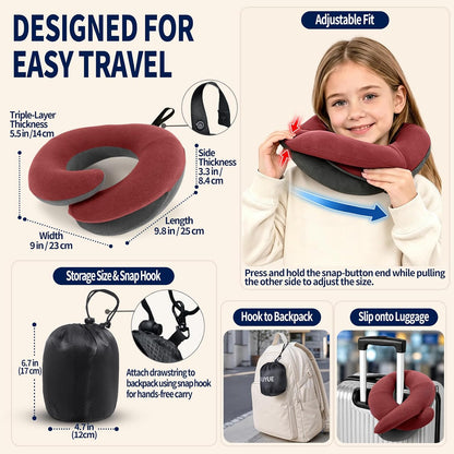 Travel Neck Pillows for Airplanes, Memory Foam 360° Head Support Sleep for Long Flight, Skin-Friendly & Breathable, Kit with Eye Mask, Earplugs and Storage Bag (Adult, Grey, 90+ lbs)