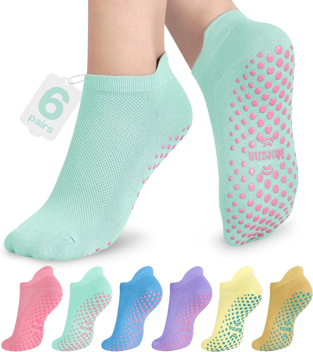 6 Pairs Pilates Grip Socks for Women, Non Slip Yoga Socks with Grips, Grippy Socks for Barre, and Hospital