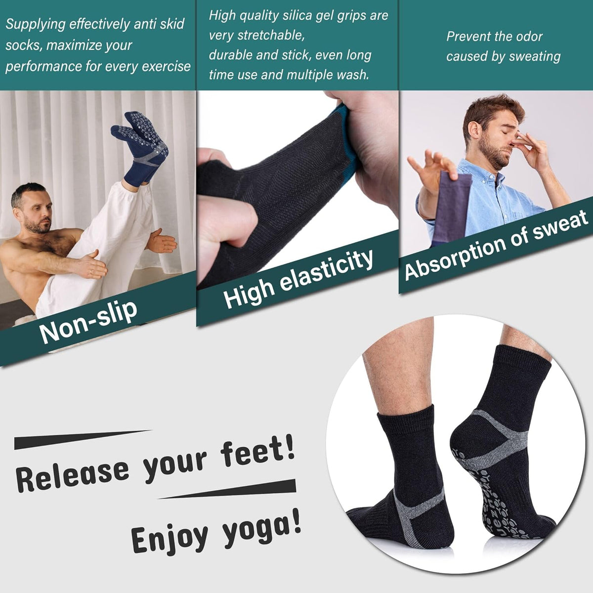 Men's Non-Slip Yoga Socks, Anti-Skid Pilates, Barre, Bikram Fitness Hospital Slipper Socks with Grips