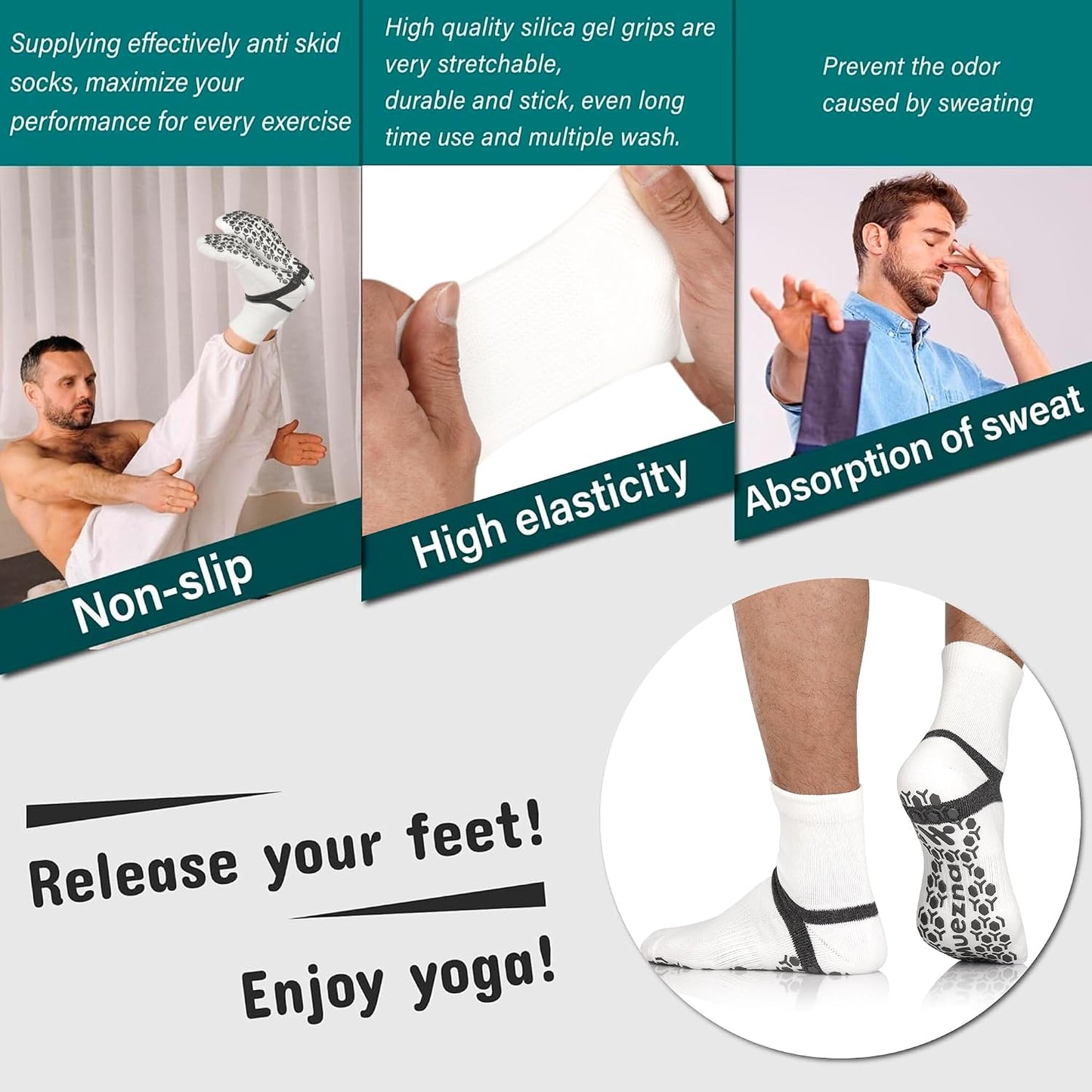 Men's Non-Slip Yoga Socks, Anti-Skid Pilates, Barre, Bikram Fitness Hospital Slipper Socks with Grips