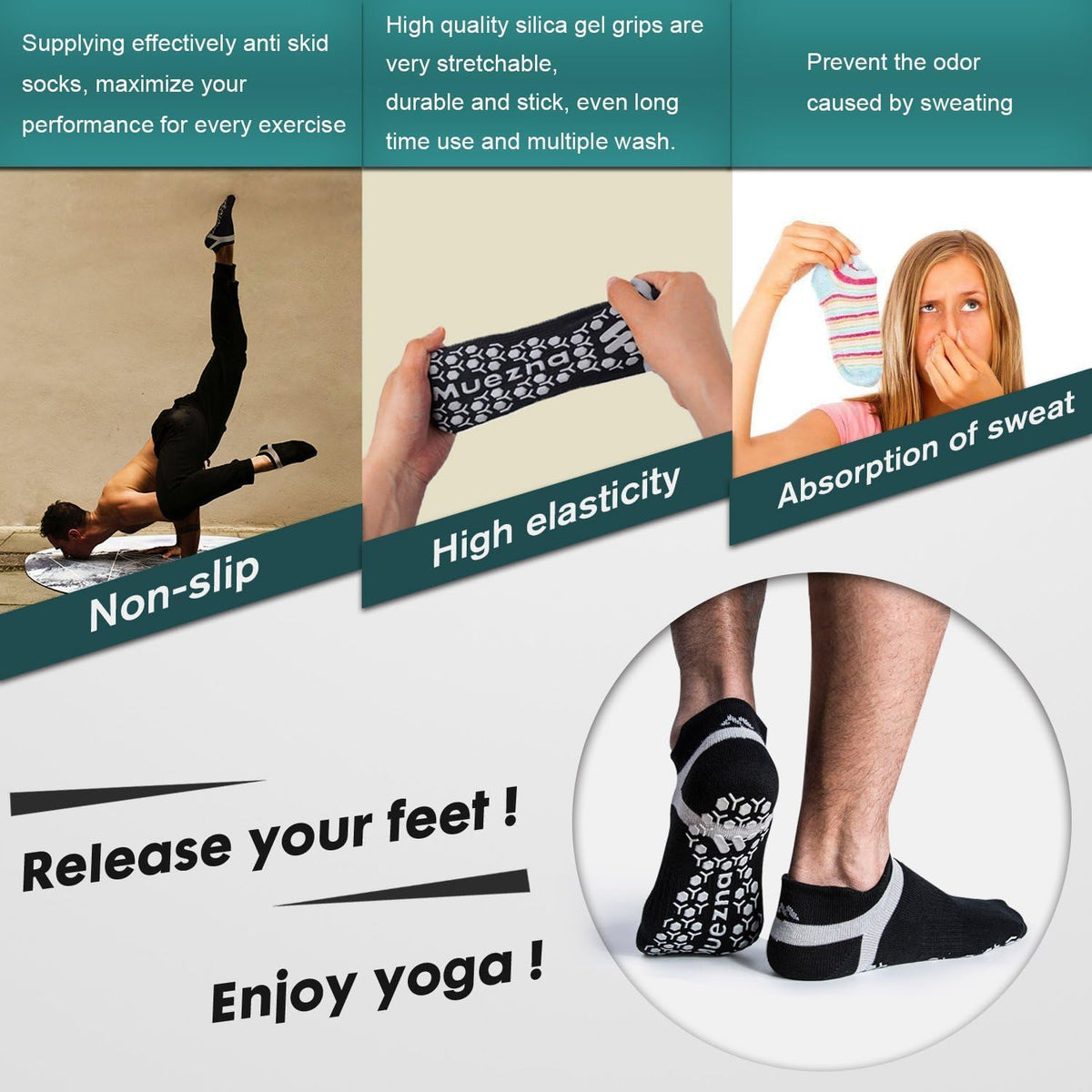 Men's Non-Slip Yoga Socks, Anti-Skid Pilates, Barre, Bikram Fitness Hospital Slipper Socks with Grips