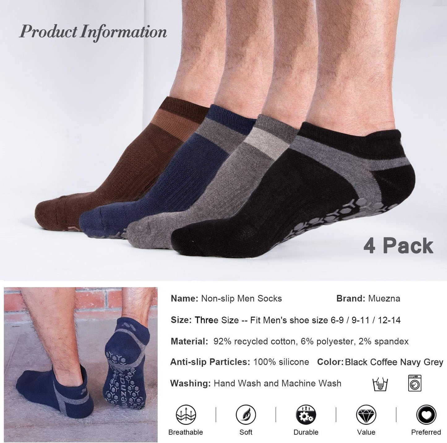 Men's Non-Slip Yoga Socks, Anti-Skid Pilates, Barre, Bikram Fitness Hospital Slipper Socks with Grips