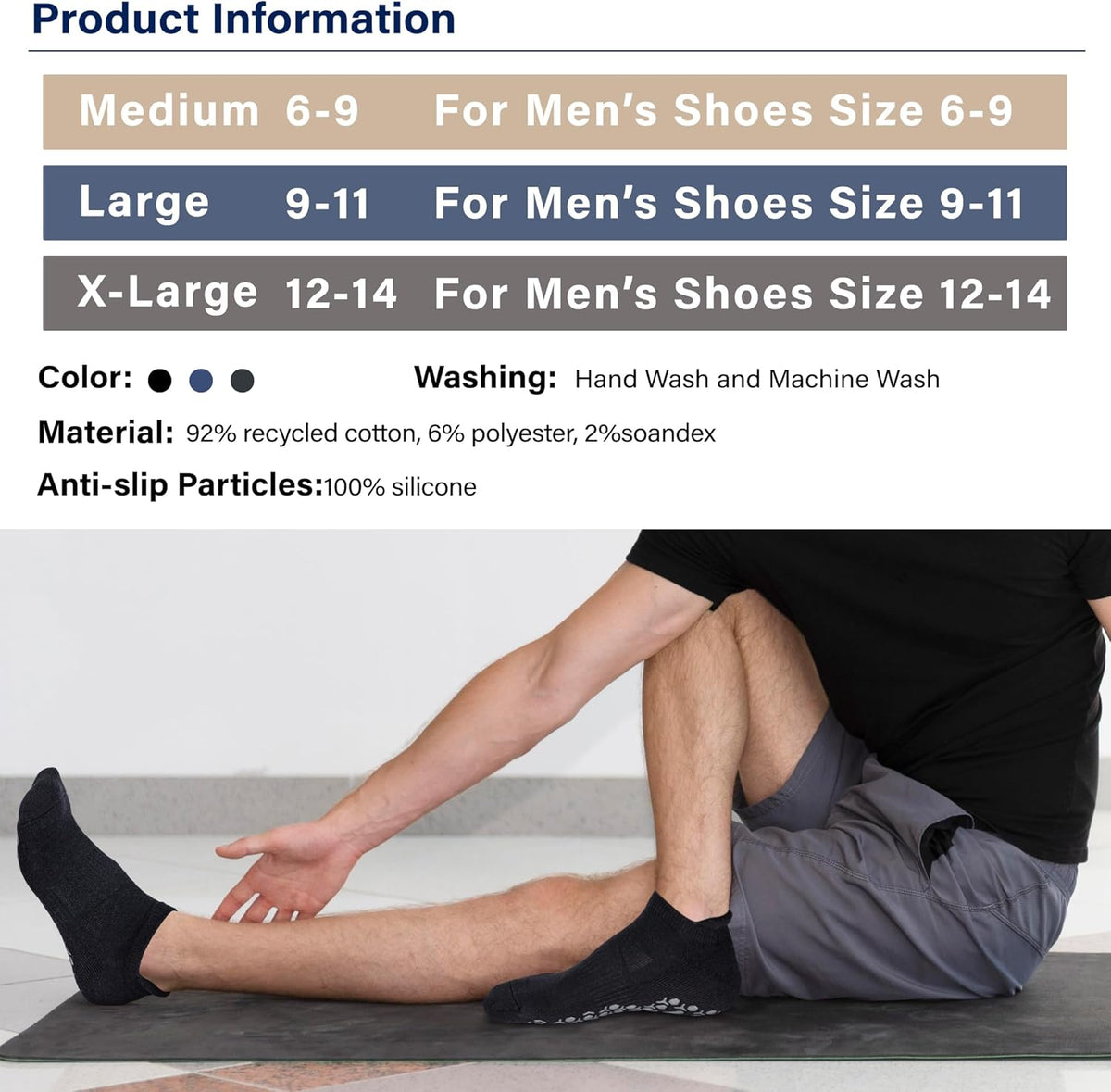 Men's Non-Slip Yoga Socks, Anti-Skid Pilates, Barre, Bikram Fitness Hospital Slipper Socks with Grips