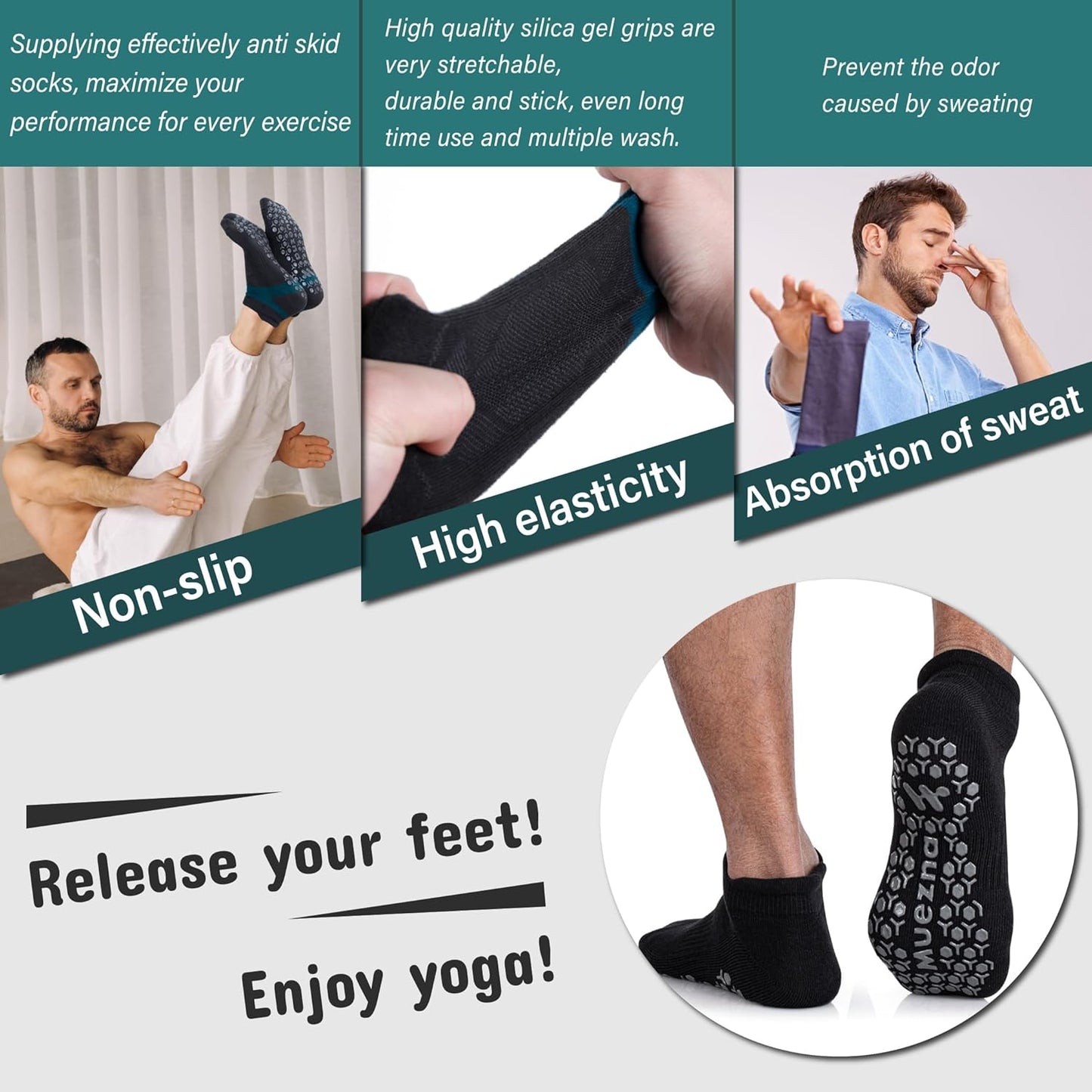 Men's Non-Slip Yoga Socks, Anti-Skid Pilates, Barre, Bikram Fitness Hospital Slipper Socks with Grips
