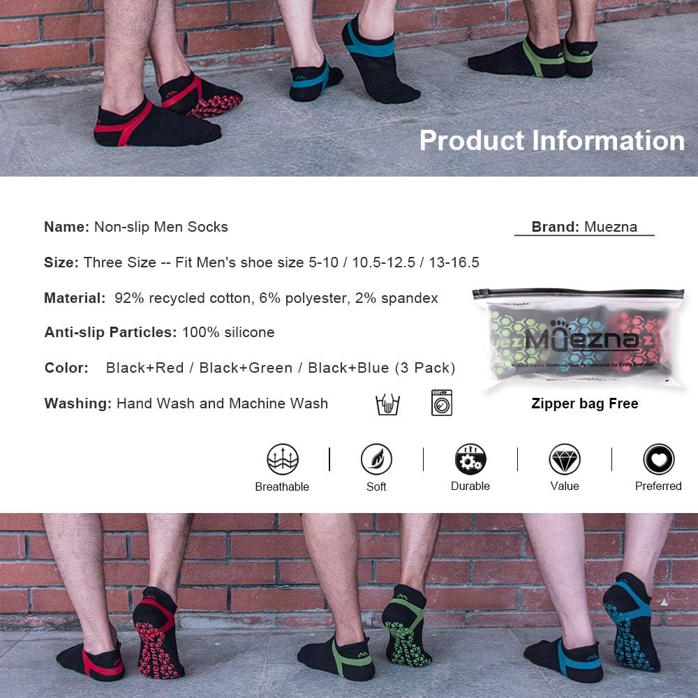 Men's Non-Slip Yoga Socks, Anti-Skid Pilates, Barre, Bikram Fitness Hospital Slipper Socks with Grips