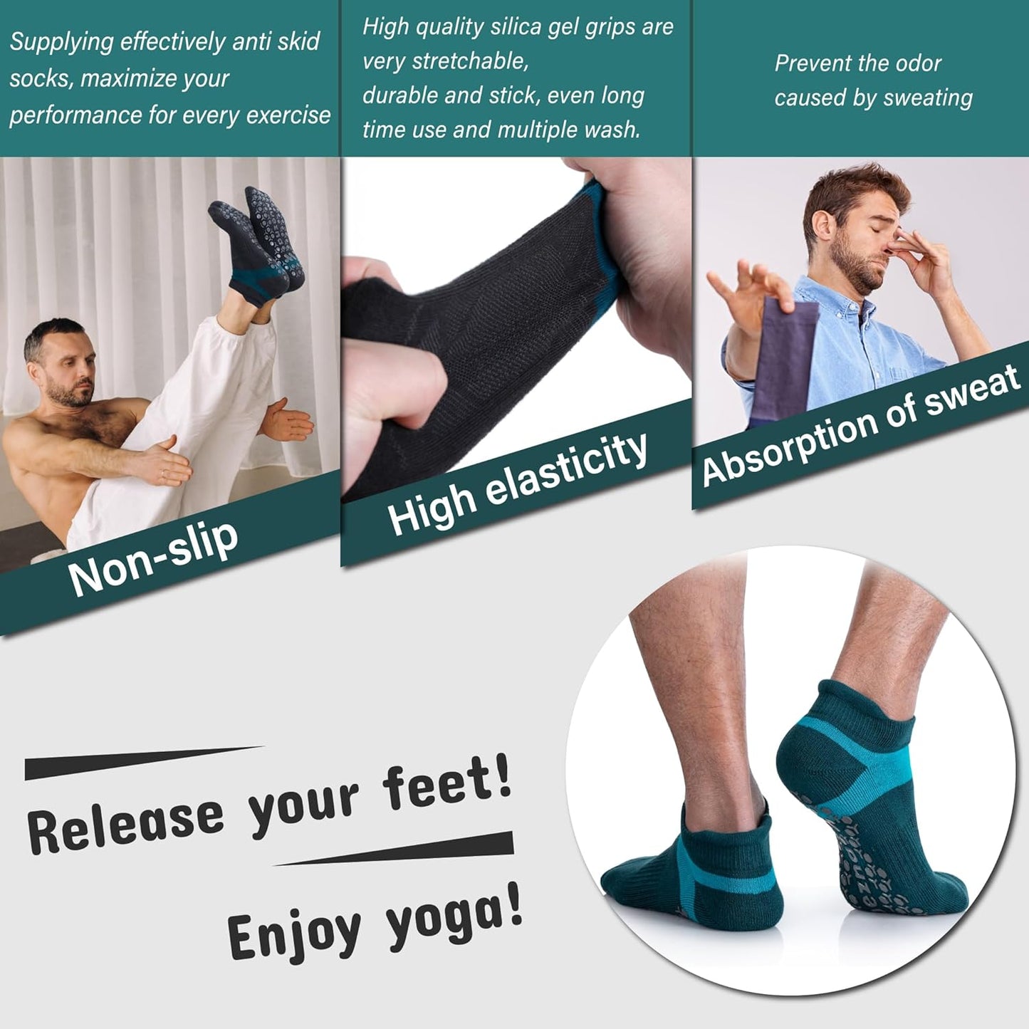 Men's Non-Slip Yoga Socks, Anti-Skid Pilates, Barre, Bikram Fitness Hospital Slipper Socks with Grips