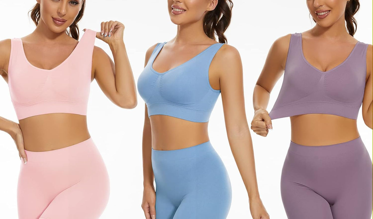 3-Pack Seamless Sports Bra Wirefree Yoga Bra with Removable Pads for Women