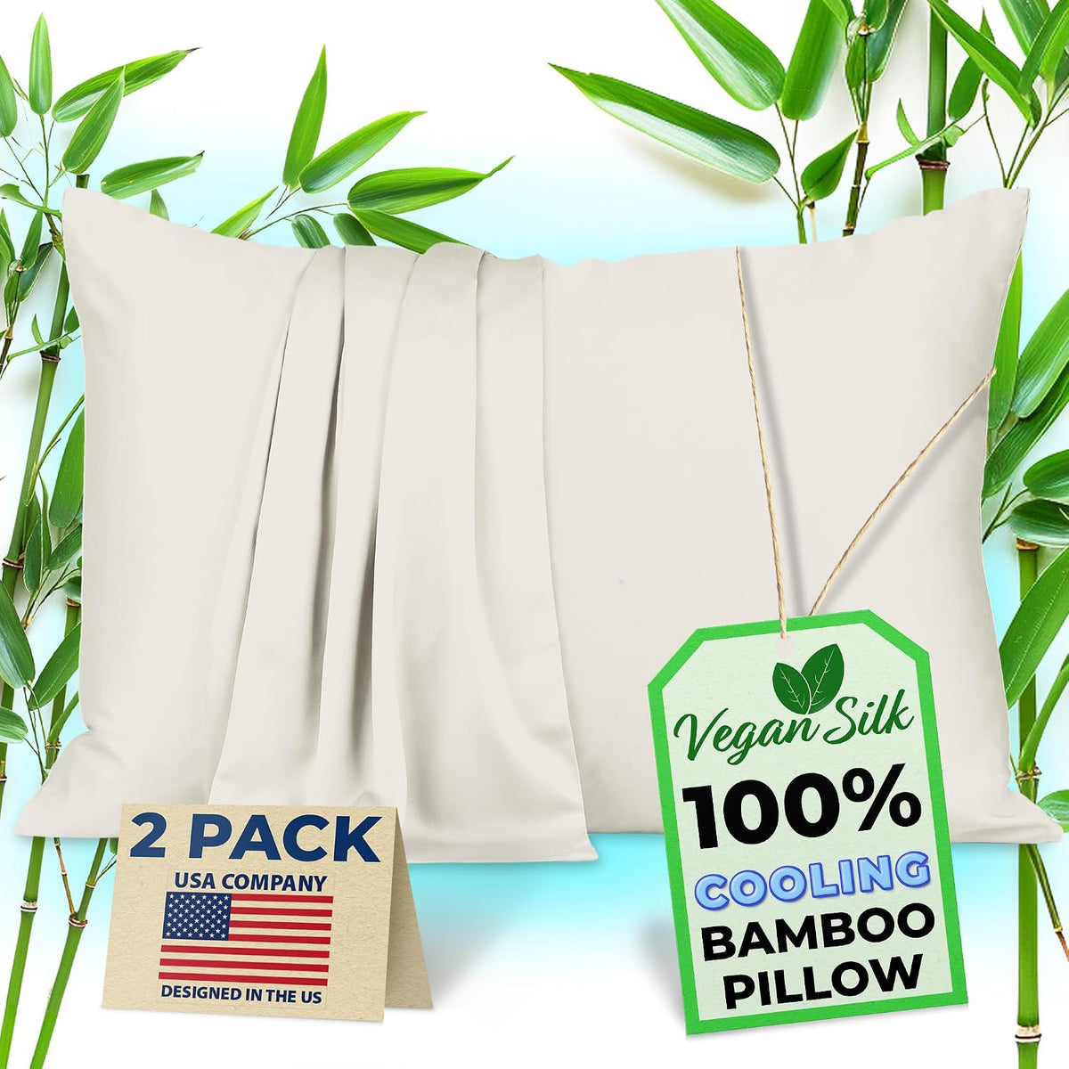 Pillow Cases - 100% Viscose Derived from Bamboo - Cooling Pillowcase - Standard Size, White, Set of 2 Zippered - for Hot Sleepers - Soft Pillow Covers