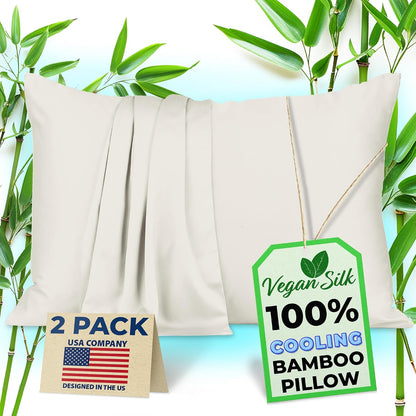 Pillow Cases - 100% Viscose Derived from Bamboo - Cooling Pillowcase - Standard Size, White, Set of 2 Zippered - for Hot Sleepers - Soft Pillow Covers