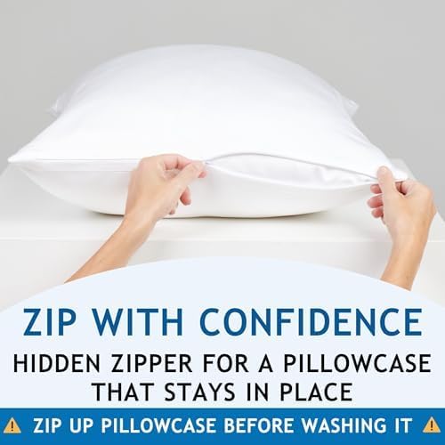 Pillow Cases - 100% Viscose Derived from Bamboo - Cooling Pillowcase - Standard Size, White, Set of 2 Zippered - for Hot Sleepers - Soft Pillow Covers