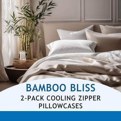 Pillow Cases - 100% Viscose Derived from Bamboo - Cooling Pillowcase - Standard Size, White, Set of 2 Zippered - for Hot Sleepers - Soft Pillow Covers