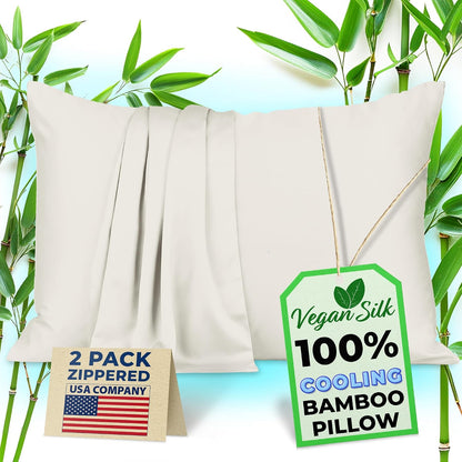 Pillow Cases - 100% Viscose Derived from Bamboo - Cooling Pillowcase - Standard Size, White, Set of 2 Zippered - for Hot Sleepers - Soft Pillow Covers