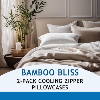Pillow Cases - 100% Viscose Derived from Bamboo - Cooling Pillowcase - Standard Size, White, Set of 2 Zippered - for Hot Sleepers - Soft Pillow Covers