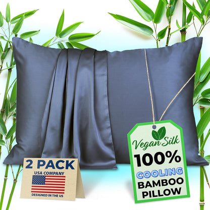 Pillow Cases - 100% Viscose Derived from Bamboo - Cooling Pillowcase - Standard Size, White, Set of 2 Zippered - for Hot Sleepers - Soft Pillow Covers