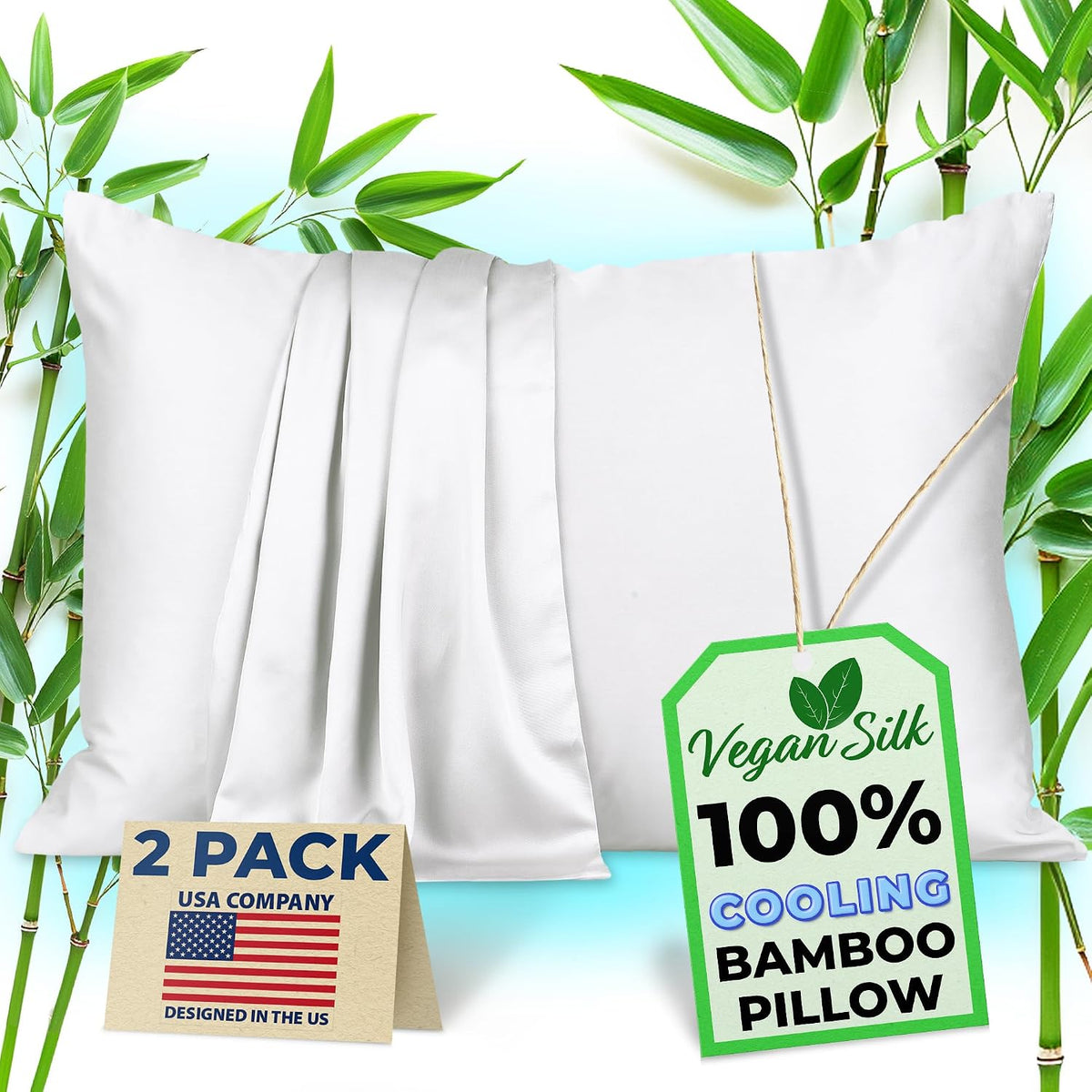 Pillow Cases - 100% Viscose Derived from Bamboo - Cooling Pillowcase - Standard Size, White, Set of 2 Zippered - for Hot Sleepers - Soft Pillow Covers