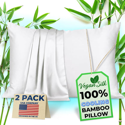 Pillow Cases - 100% Viscose Derived from Bamboo - Cooling Pillowcase - Standard Size, White, Set of 2 Zippered - for Hot Sleepers - Soft Pillow Covers