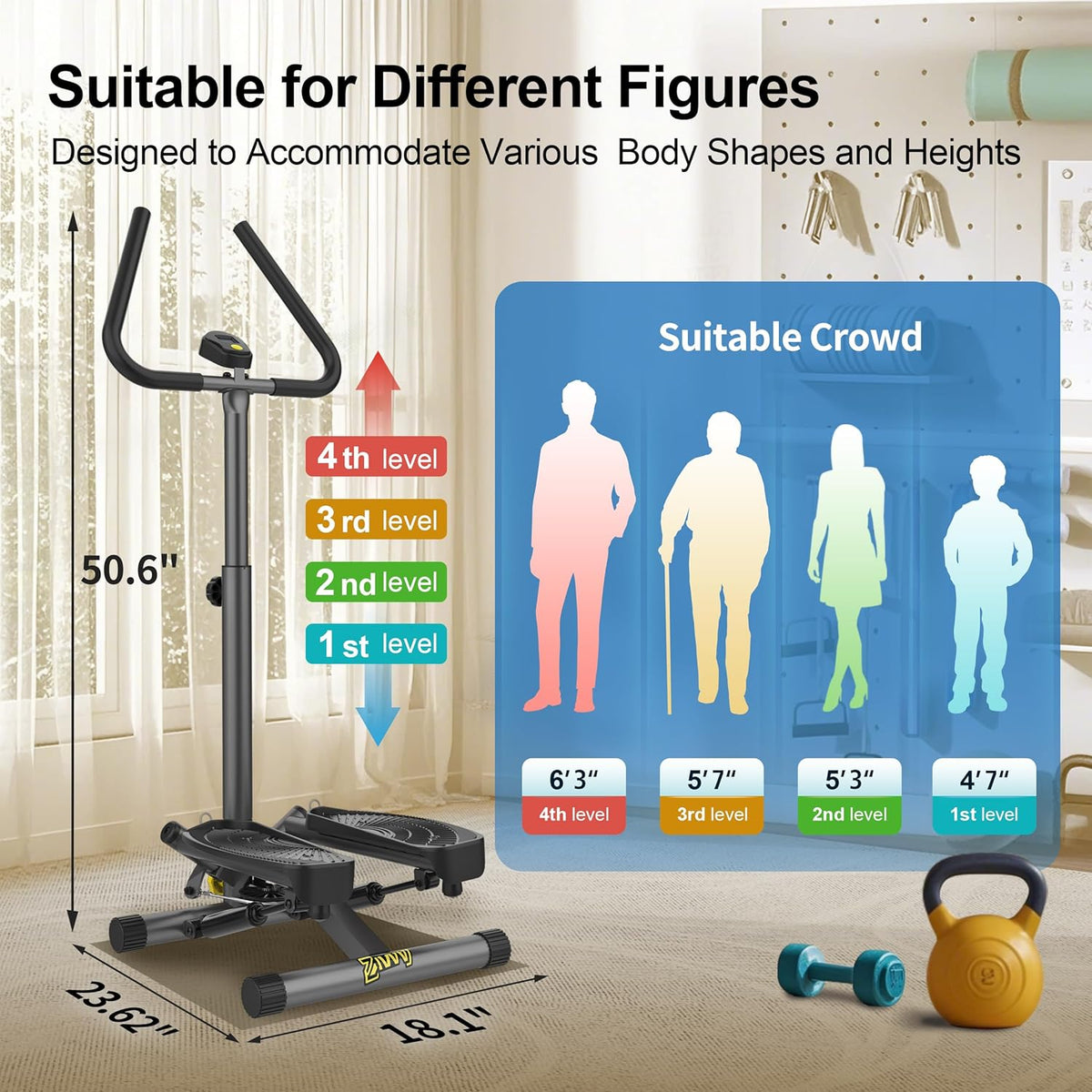 ZIWWVY Stepper Machine with Resistance Bands, Mini Stepper with 300LBS Weight Capacity, Twist Stepper for Full Body Workout, Adjustable Step Height, Smooth and Quiet, Step Machine for Men Women