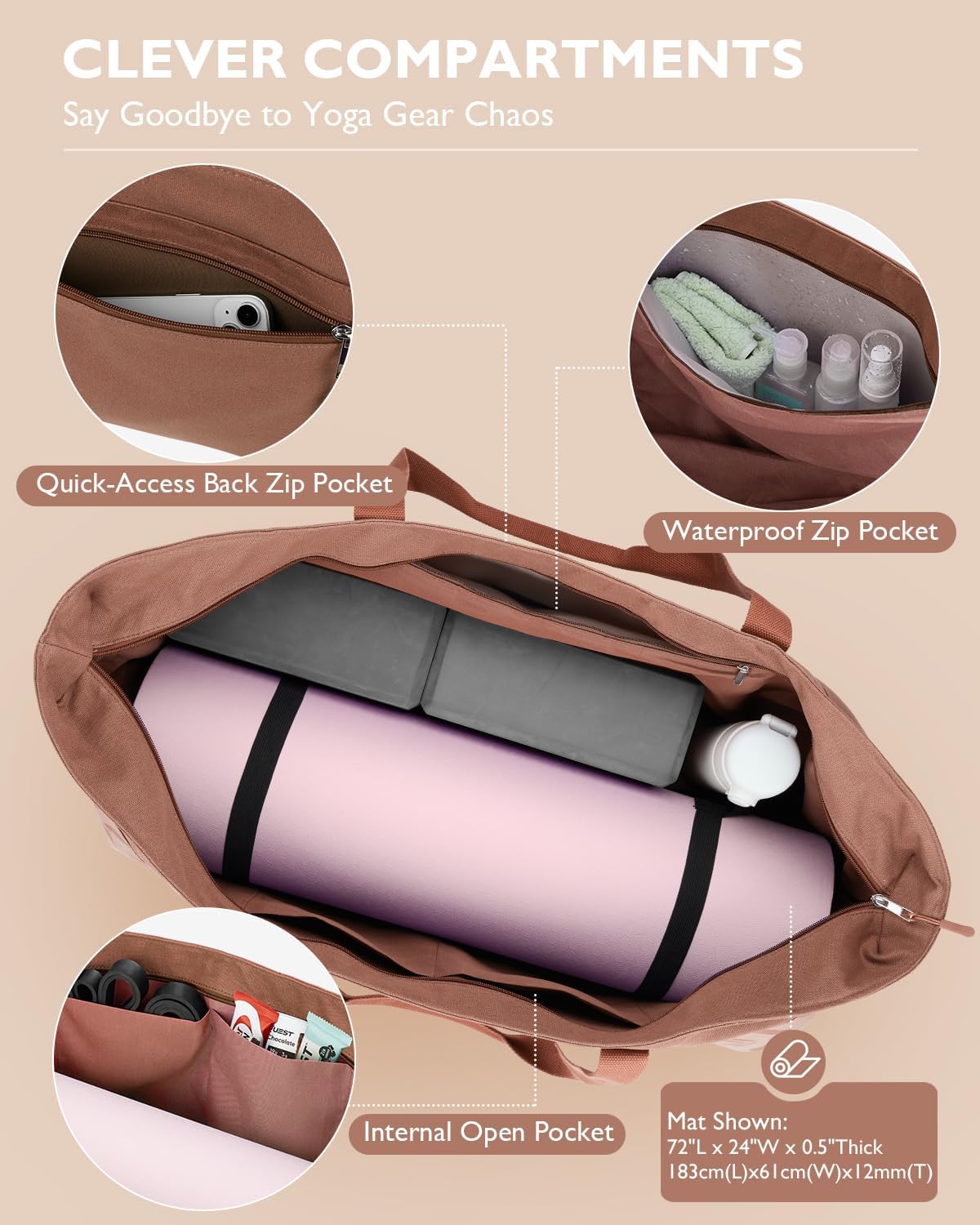 Yoga Mat Bag, Extra Canvas Gym Bag with Waterproof Pocket Metal Zipper, Fits Mat & Blocks, Stylish Yoga Mat Carrier for Women, Ideal for Yoga, Pilates, Workout, Travel