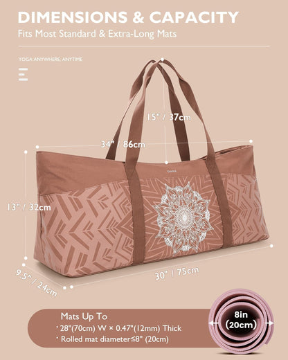 Yoga Mat Bag, Extra Canvas Gym Bag with Waterproof Pocket Metal Zipper, Fits Mat & Blocks, Stylish Yoga Mat Carrier for Women, Ideal for Yoga, Pilates, Workout, Travel