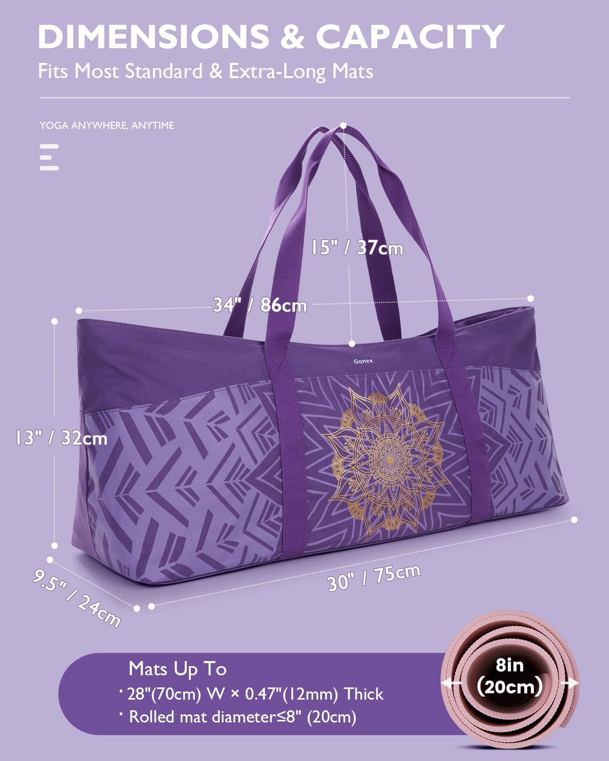 Yoga Mat Bag, Extra Canvas Gym Bag with Waterproof Pocket Metal Zipper, Fits Mat & Blocks, Stylish Yoga Mat Carrier for Women, Ideal for Yoga, Pilates, Workout, Travel