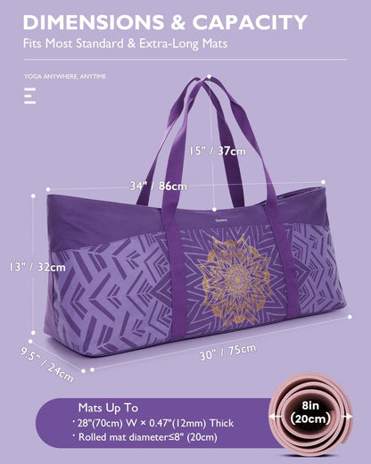 Yoga Mat Bag, Extra Canvas Gym Bag with Waterproof Pocket Metal Zipper, Fits Mat & Blocks, Stylish Yoga Mat Carrier for Women, Ideal for Yoga, Pilates, Workout, Travel