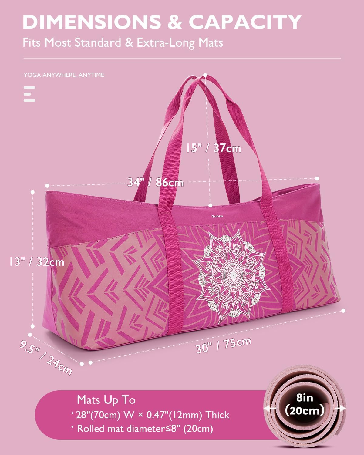 Yoga Mat Bag, Extra Canvas Gym Bag with Waterproof Pocket Metal Zipper, Fits Mat & Blocks, Stylish Yoga Mat Carrier for Women, Ideal for Yoga, Pilates, Workout, Travel