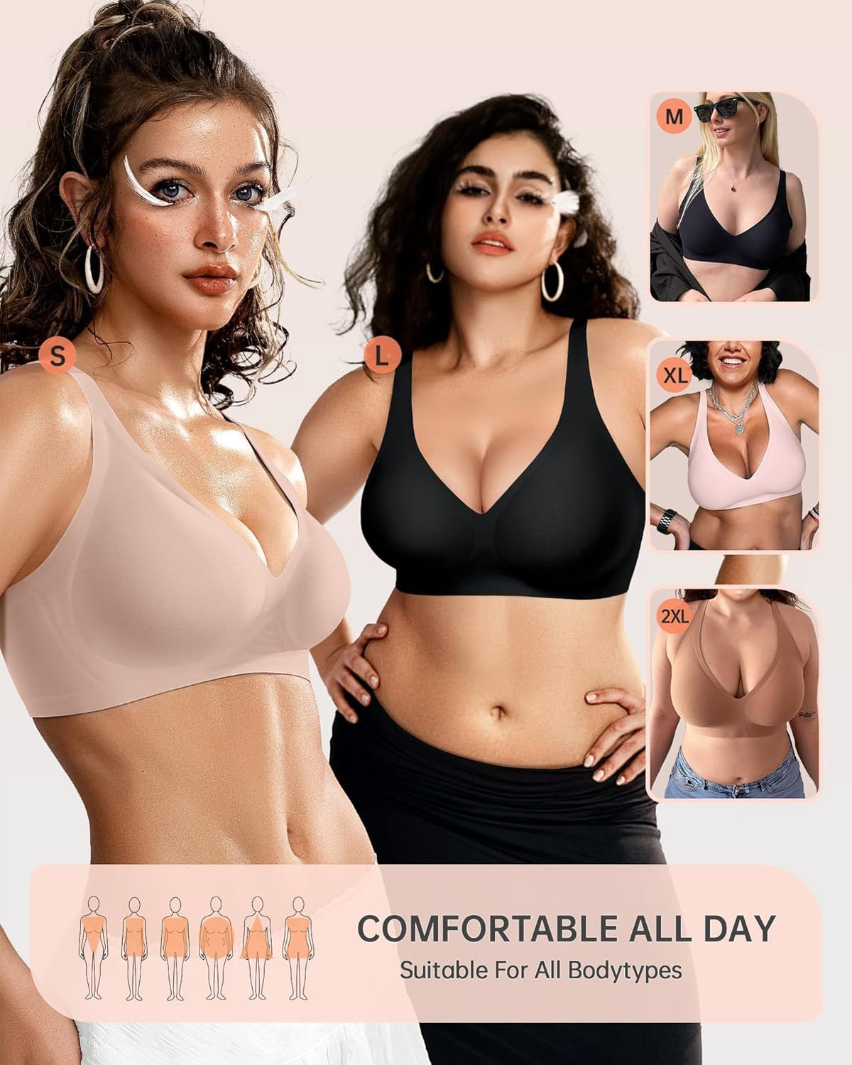 Womens Deep V Bras Wireless Comfortable Bra Supportive No Underwire Bras Tshirt Push Up Bralettes Plunge Seamless Bra - Colors B