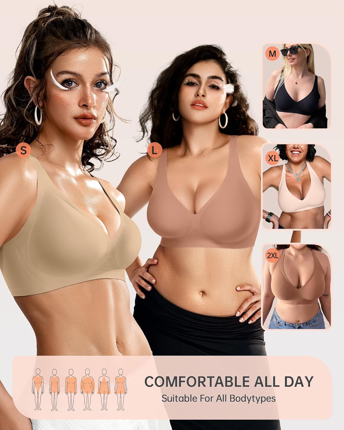 Womens Deep V Bras Wireless Comfortable Bra Supportive No Underwire Bras Tshirt Push Up Bralettes Plunge Seamless Bra - Colors B