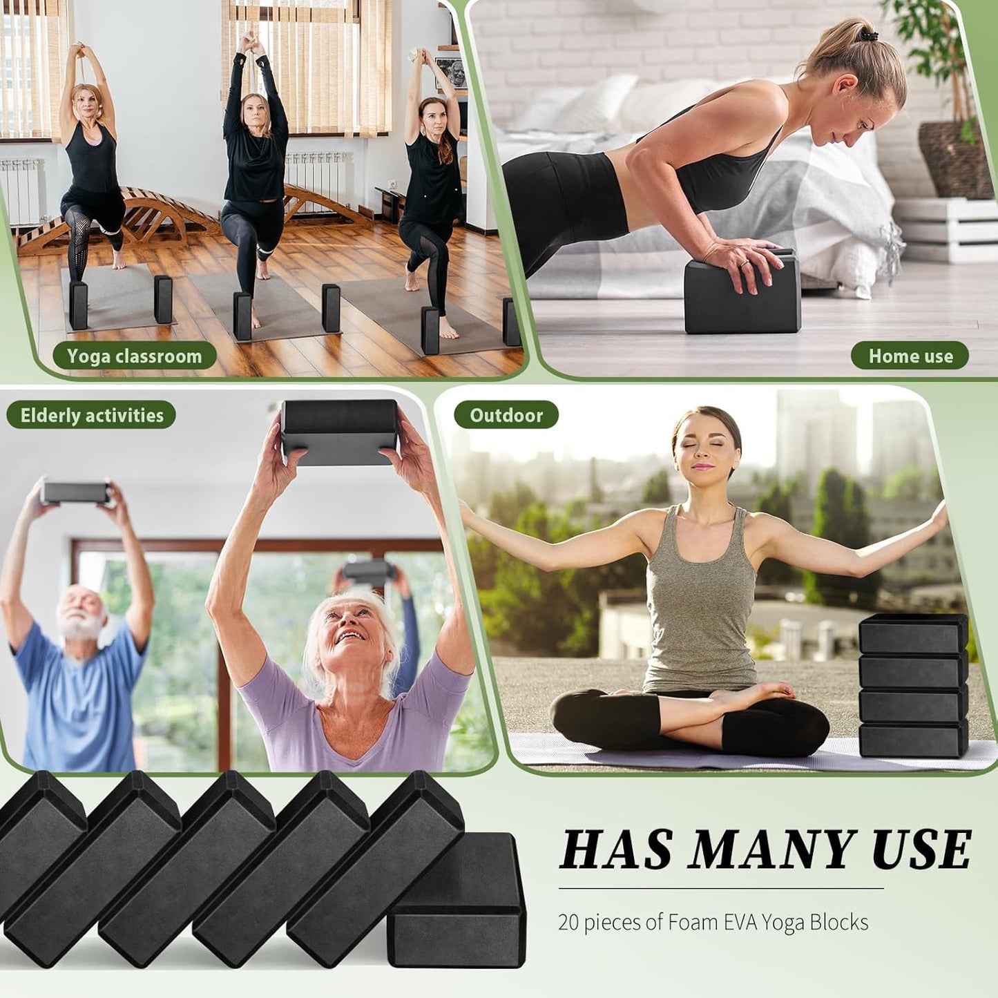 20 Pcs Foam EVA Yoga Blocks - High Density Non Slip Supportive Foam Blocks - Lightweight Black Yoga Bricks - Props for Women, Men, Beginners, Pilates, Meditation
