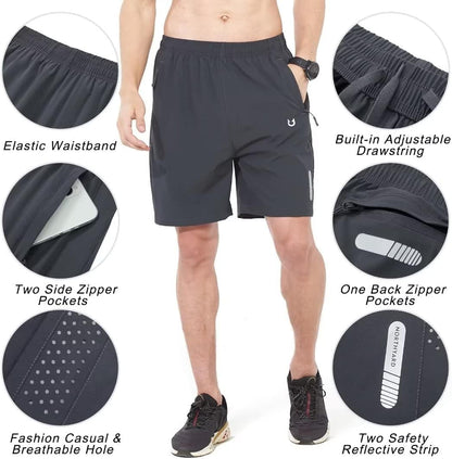 Men's Athletic Running Shorts Gym Workout 7"/9"/5" Quick Dry Lightweight Sports Basketball Tennis 3 Zipper Pockets